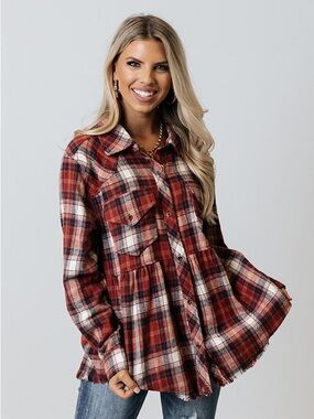 Entro-WESTERN SKIES FLANNEL BABYDOLL TOP IN RED